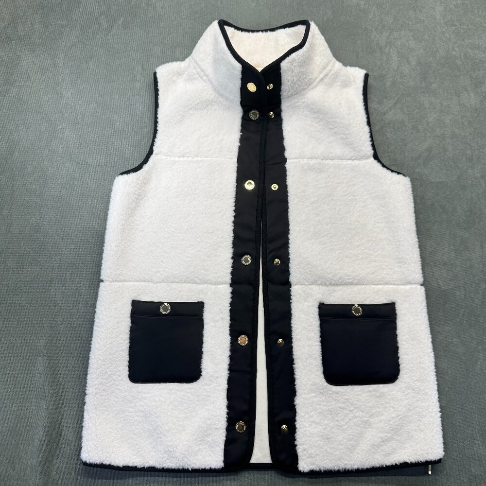 Lilly Pulitzer Graycele Sherpa Vest White Black Snap Front Preppy Fleece Size M